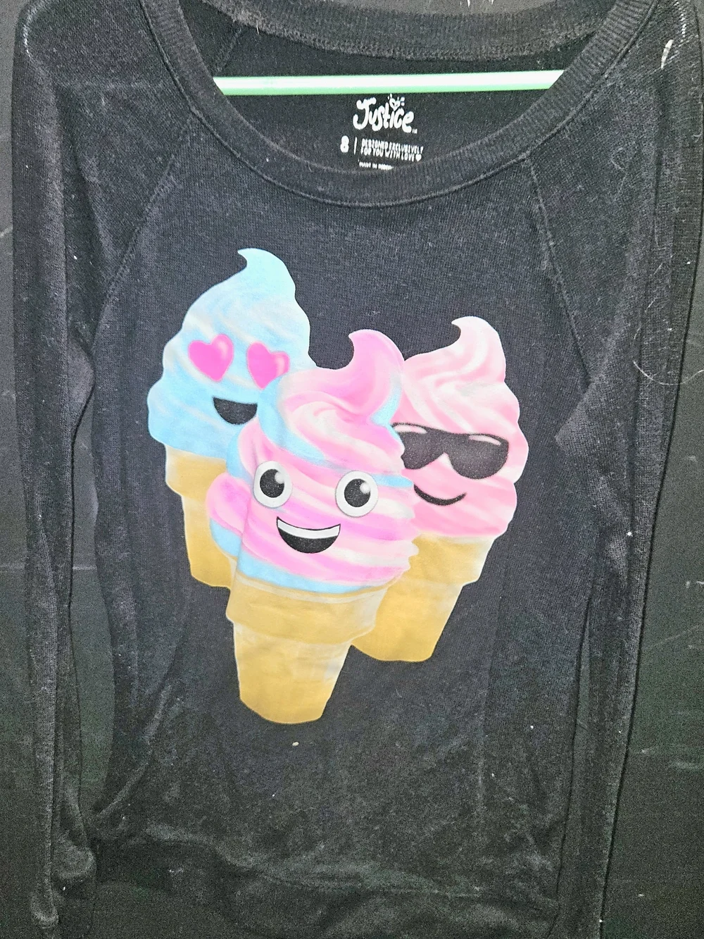 Justice Black Long Sleeve Tee with Pink & Blue Ice Cream Graphic Girls Size 8